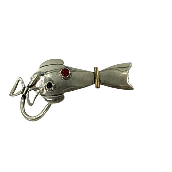 MEXICO Taxco 925 Sterling Silver Cat Brooch PinFish Brooch Red & Black Stones - Picture 1 of 5